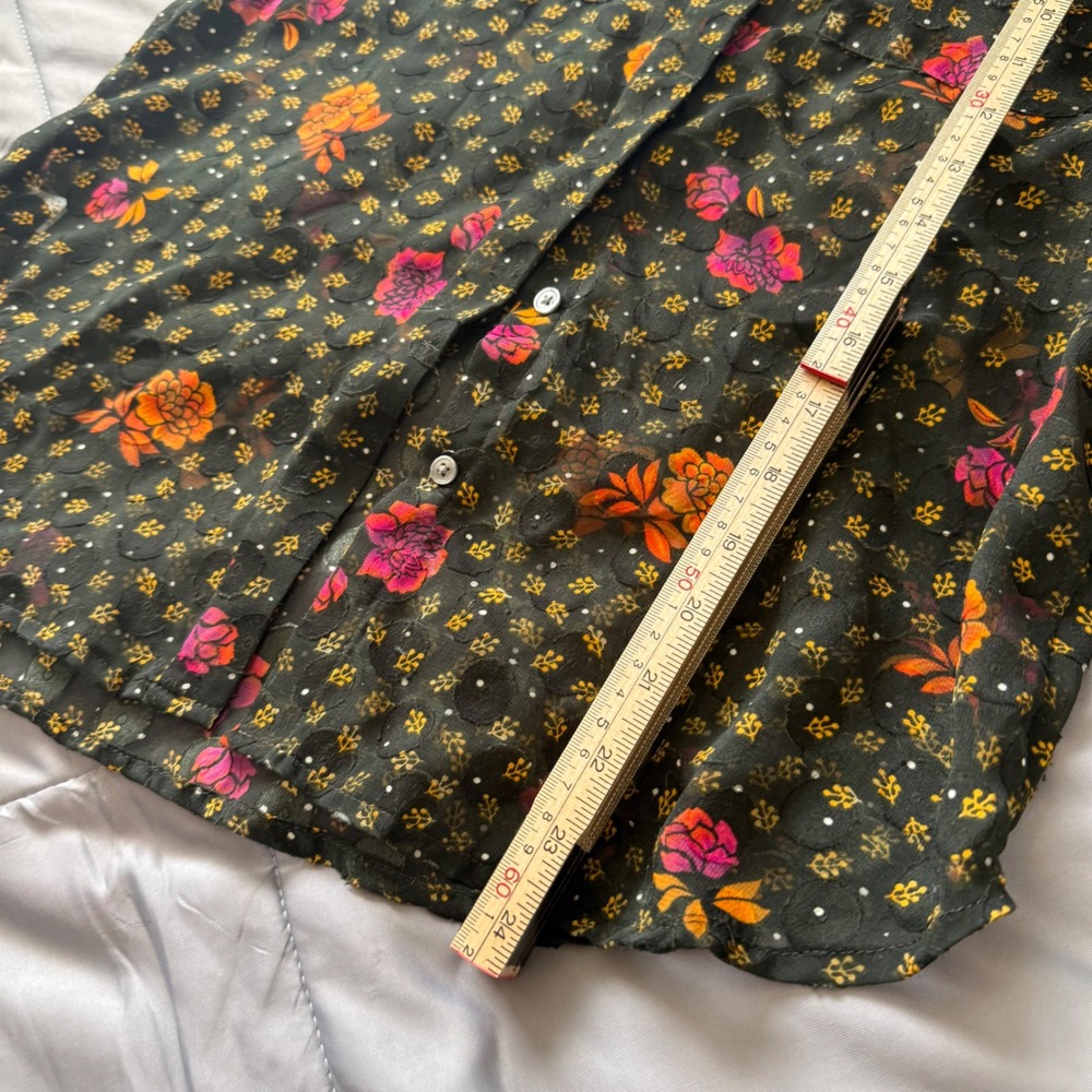 LOFT Floral Blouse Womens XS Black Orange Sheer Clip Dot Button Down Excellent - Picture 8 of 8